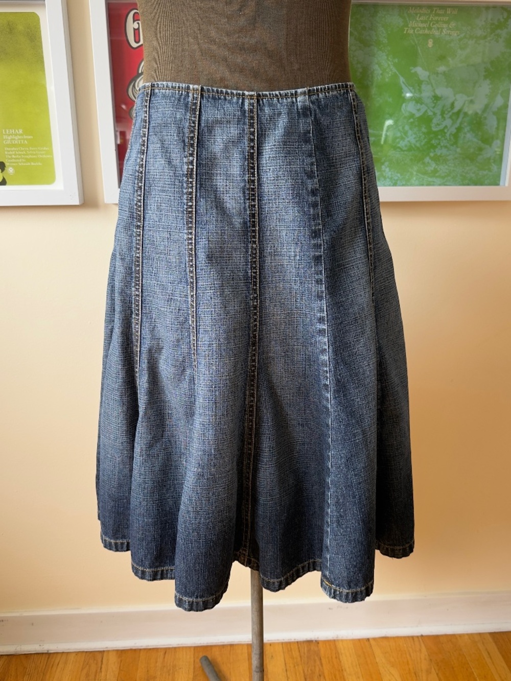 Y2K Denim Panelled Midi Skirt | Dark Wash Flared A-Line Jean Skirt | 90s / 2000s